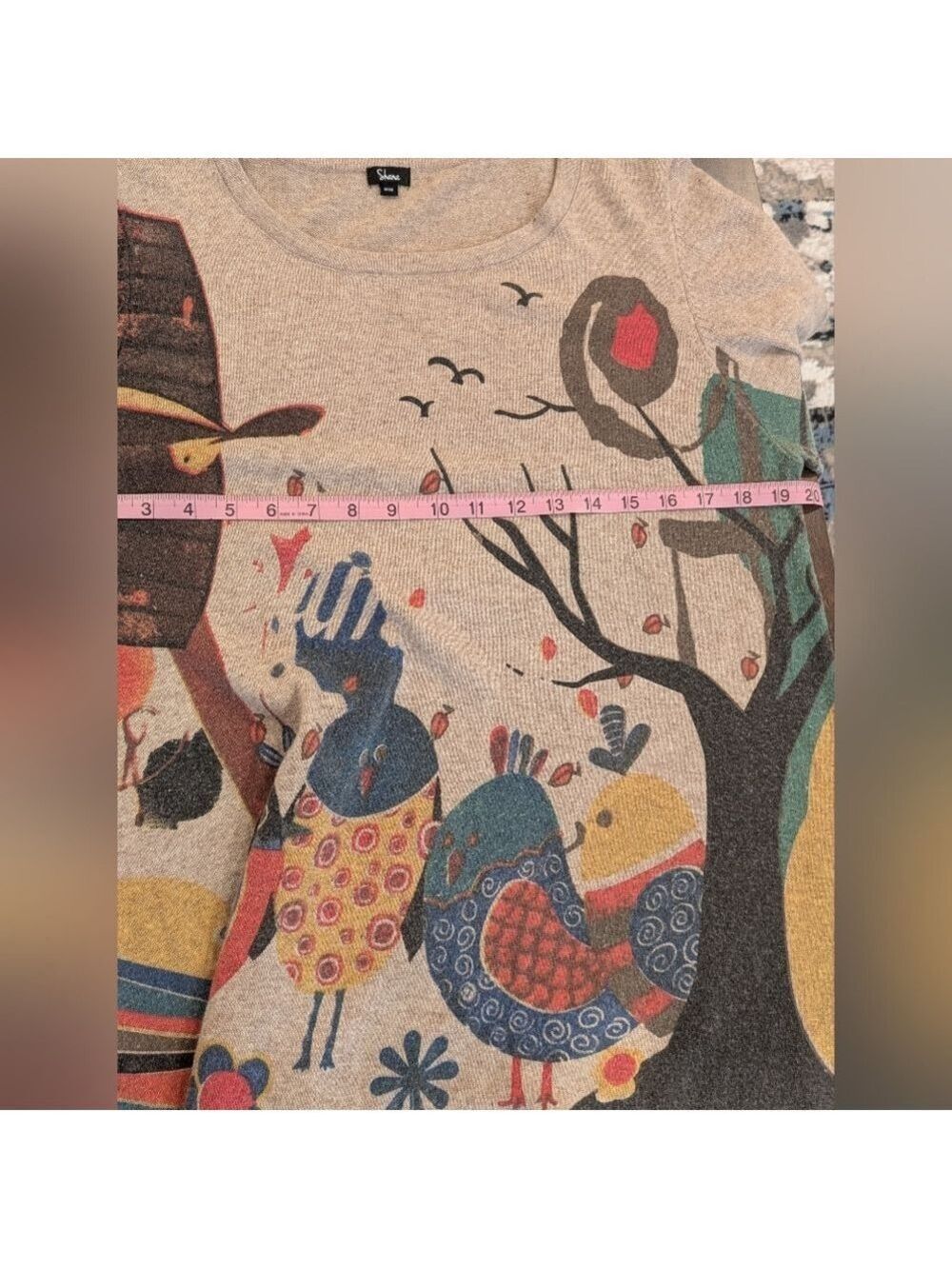 Shana Wearible Art Crew Neck Sweater, Light Beige Color And Birds,Size Medium. - Picture 4 of 6